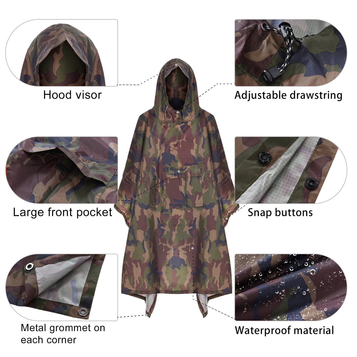 TOMSHOO Hooded Rain Poncho with Pocket Lightweight Waterproof Rain Coat Sun Shelter for Men and Women Camping Hiking Traveling