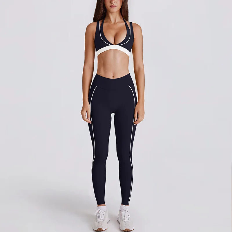2 Pieces Women's Tracksuit Yoga Set Workout Gym Sportswear High Waist Leggings Fitness Shorts V-neck Halter Bras Sports Suits