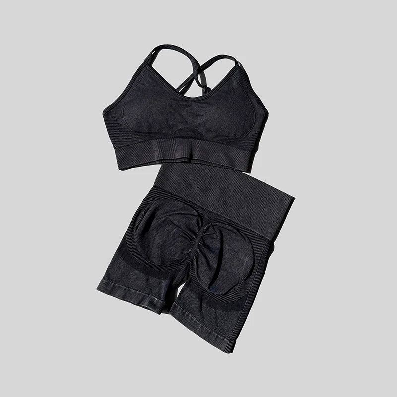 WAREBALL Women Gym Bike Sports Set Short Legging Cross Back Sport Bra 2pc Tracksuit Athletic Suit
