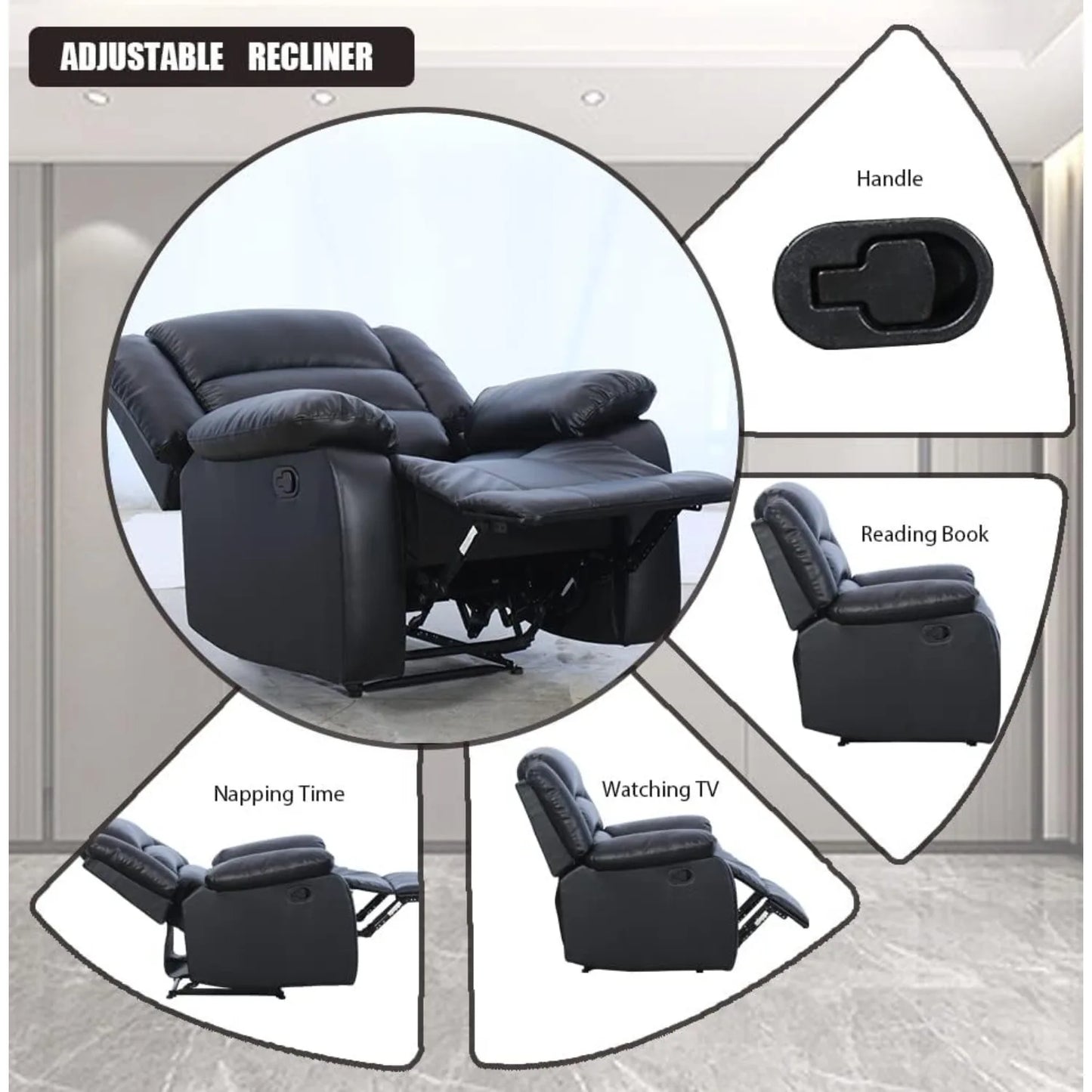 Black Recliner Chair with Overstuffed Arm and Back, Breathable Faux Leather Manual Reclining Chairs