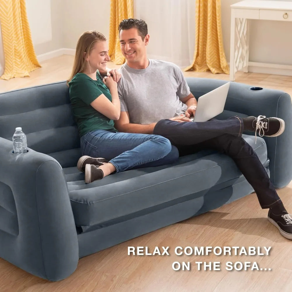 Inflatable Furniture Set with Queen Sized Pull-Out Sofa Bed, Gray - Air Mattress, Lounge Chairs, Guest Beds, Living Room Sofa