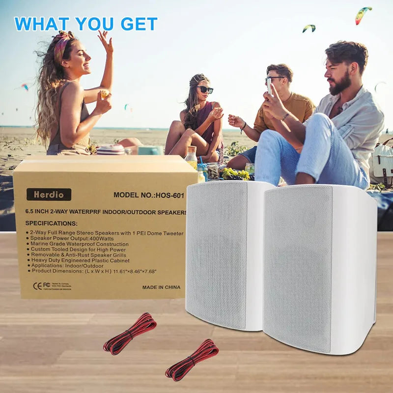 Herdio 2PCS 6.5'' 400W Outdoor Speakers Wired Waterproof Passive With Powerful Bass Wall Mount Speakers For Indoor Patio Covered