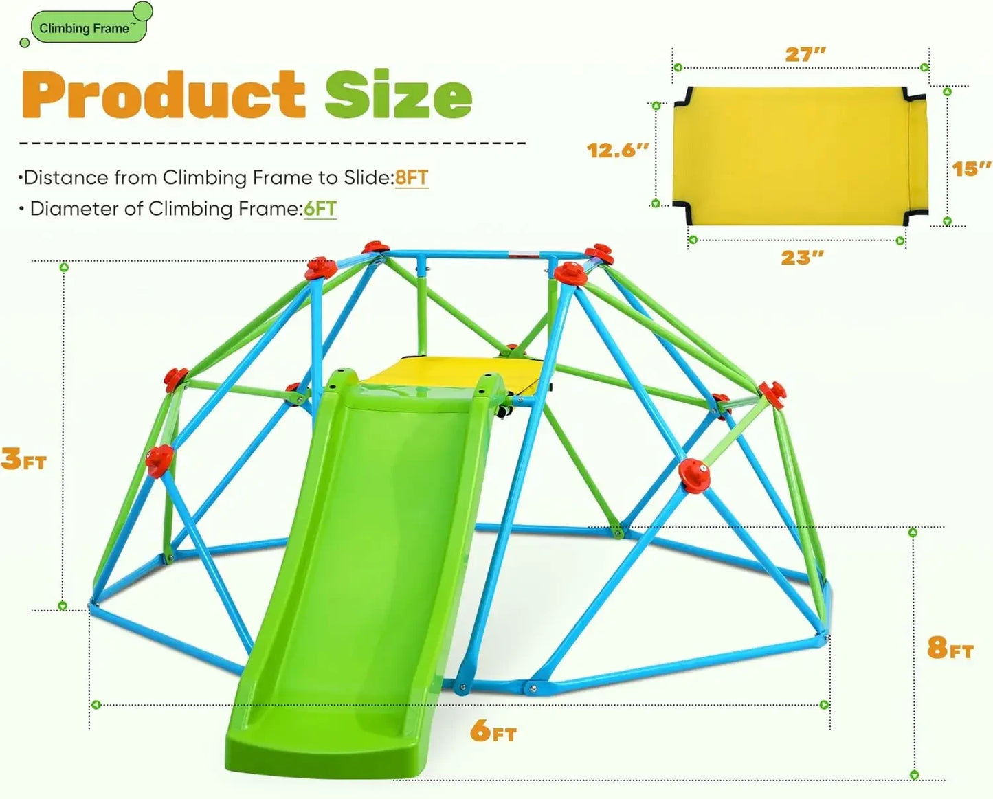 Climbing Dome with Slide, 8FT Jungle Gym Monkey Bar for Backyard Max load 440Lbs, Outdoor Climbing frame Toys for Toddlers Playg