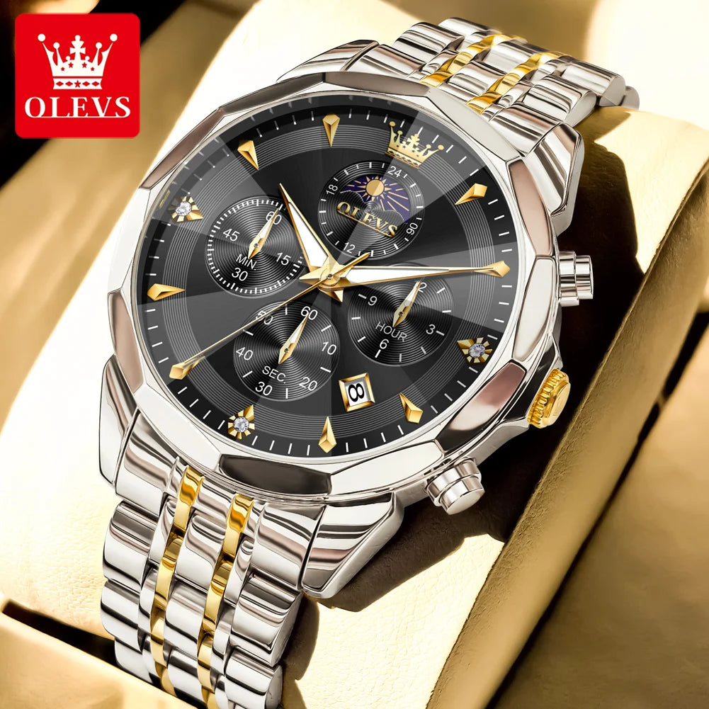 OLEVS 3673 Mens Watch Business Brand Quartz Watches Multifunctional Chronograph Waterproof Moon Phase Watch Mens Gifts Original