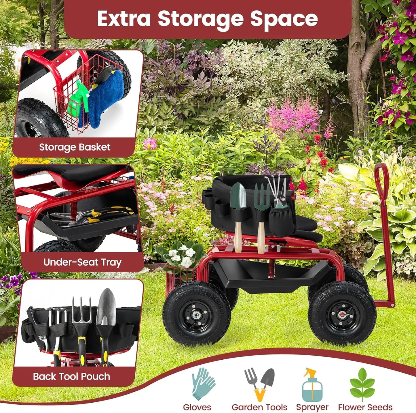 Goplus Garden Cart, Outdoor Rolling Garden Scooter W/Adjustable 360 Degree Swivel Seat, Tool Tray & Storage Basket