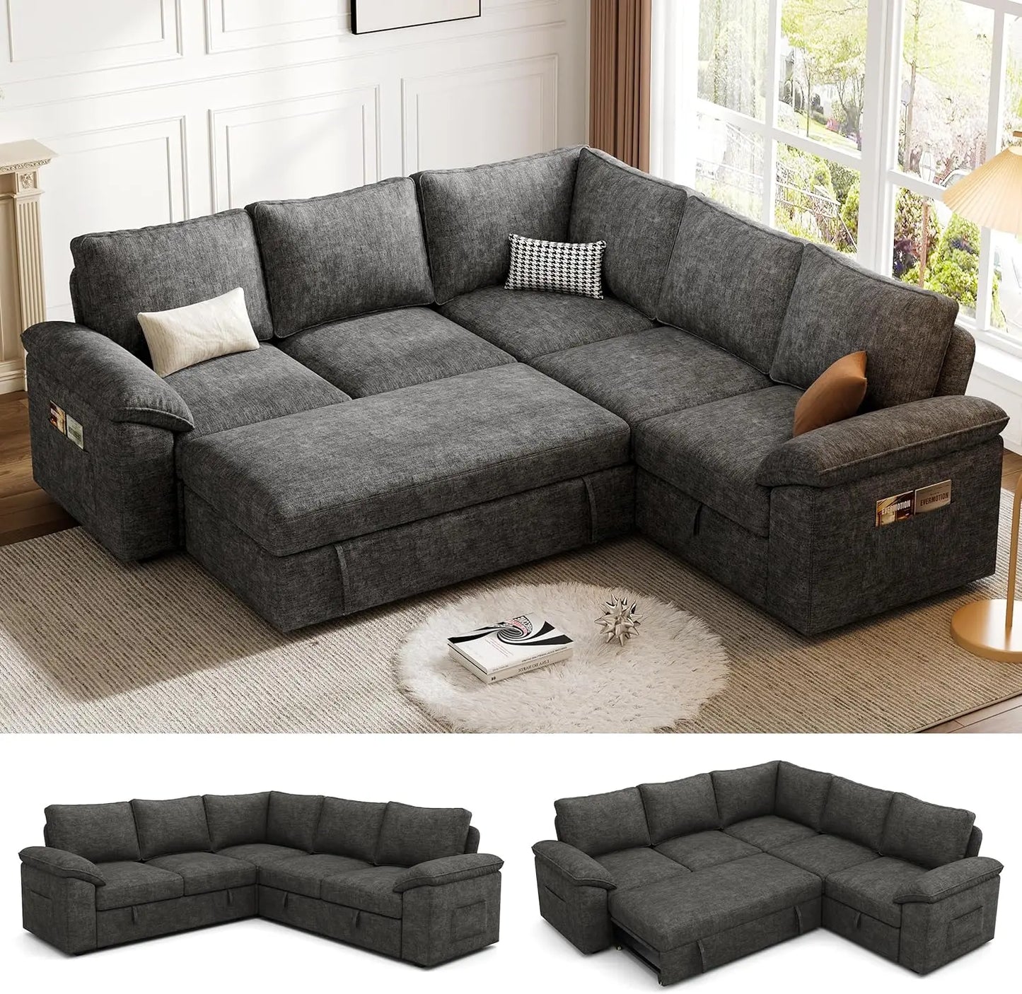 108 Inch Sectional Sleeper Sofa with Pull Out Bed, U Shaped 7 Seat Modular Sectional Sofa with Storage, Sectional Couches for Li