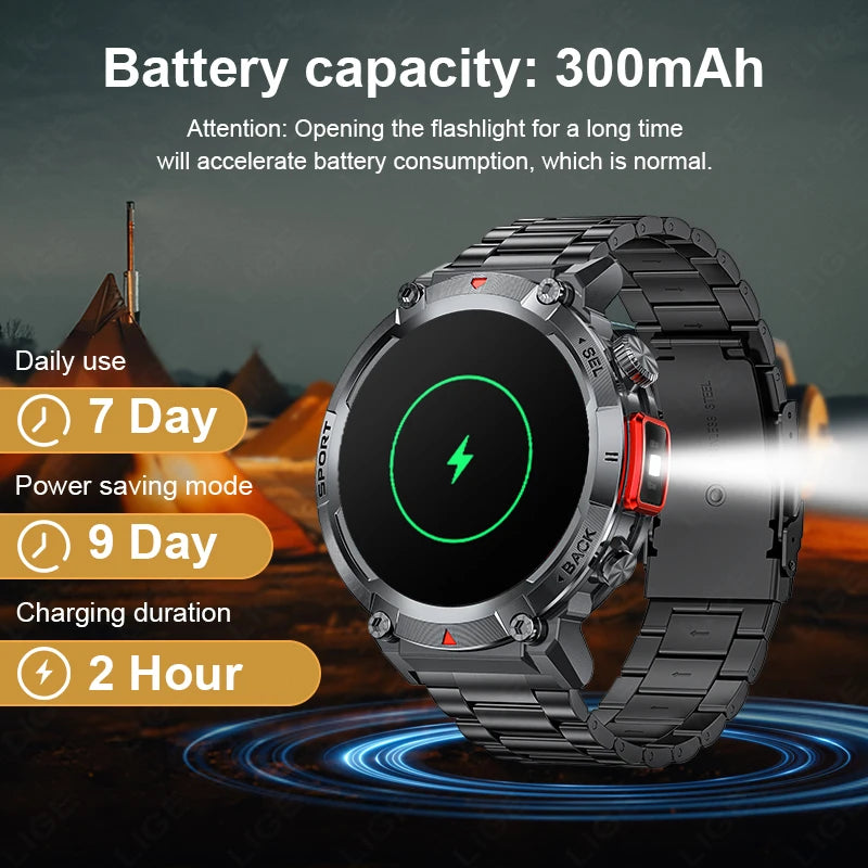 LIGE Smart Watch 3ATM Waterproof Original Design For Men Bluetooth Call Health Monitor With Flashlight 100+ Sports Modes Watches