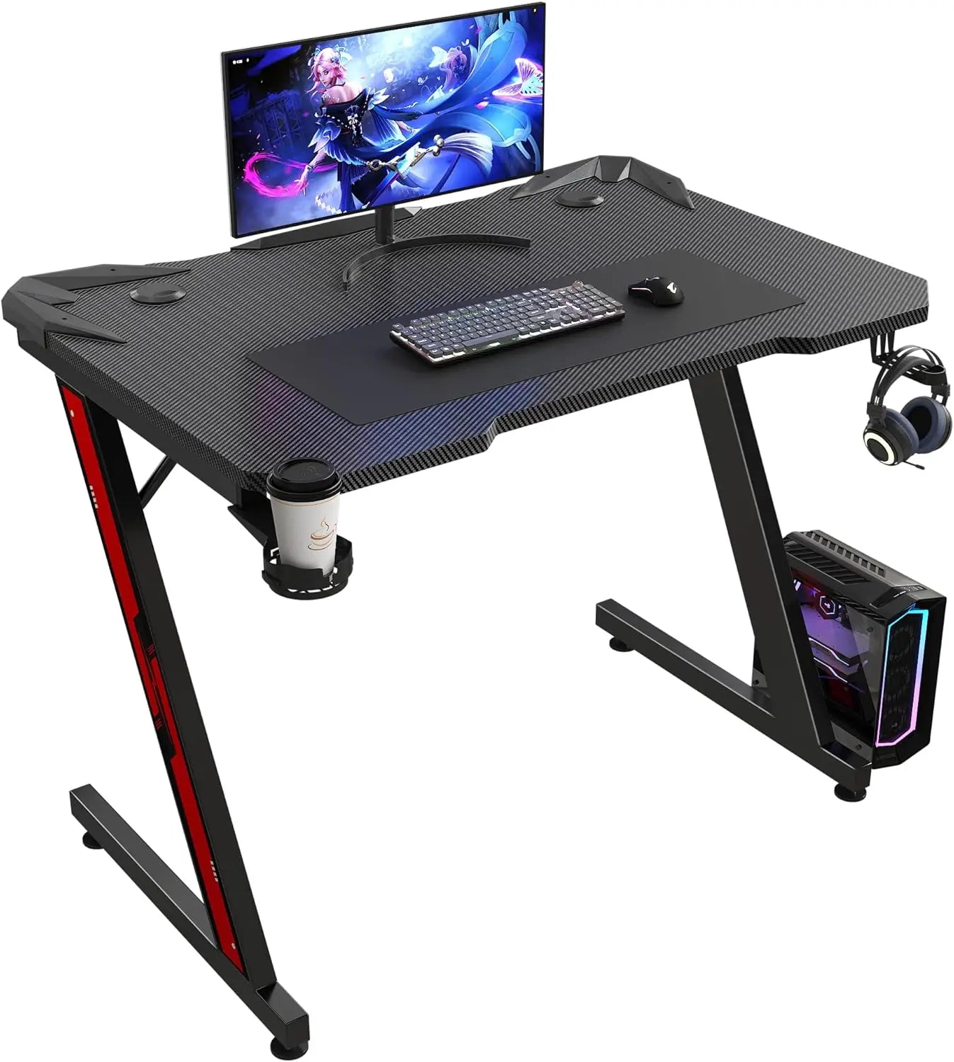 Gaming Computer Desk with Carbon Fiber Surface, Gaming Table Z Shaped PC Home Office with Cup Holder&Headphone Hook