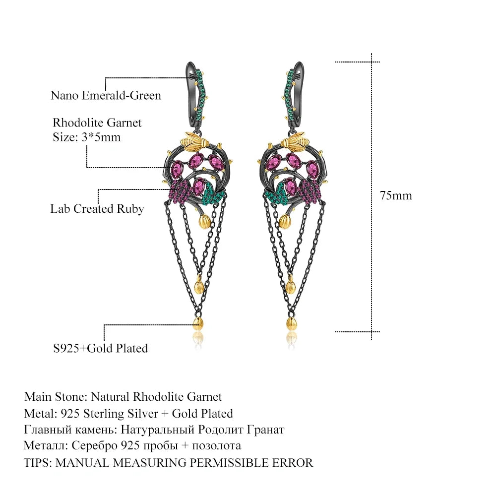 GEM'S BALLET Natural Rhodolite Garnet Tassel Earrings 925 Sterling Silver Handmade Gold Bee on Branch Drop Earrings for Women
