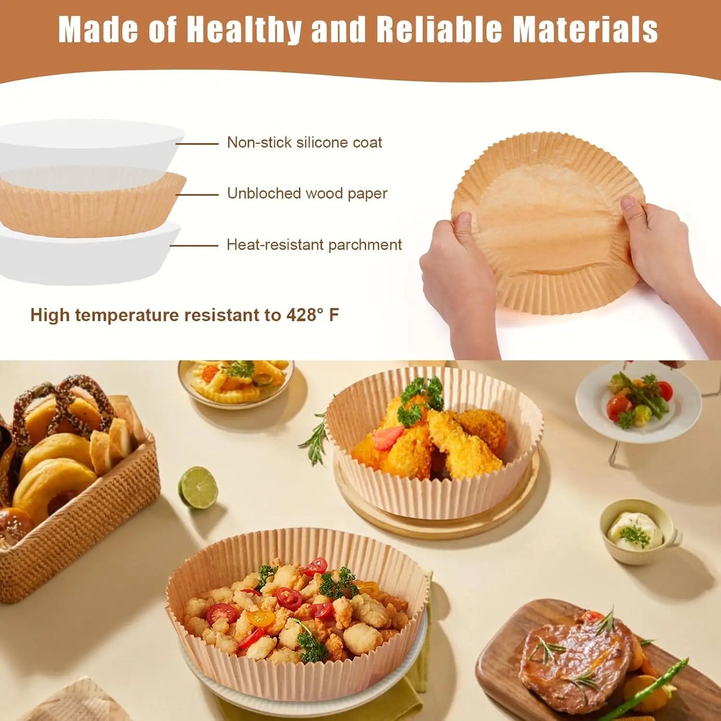 Air Fryer Liners Disposable, 100PCS Non-stick Disposable Airfryer Liners, 6.3 Inch Unbleached Parchment Paper, Round Air Fryer P