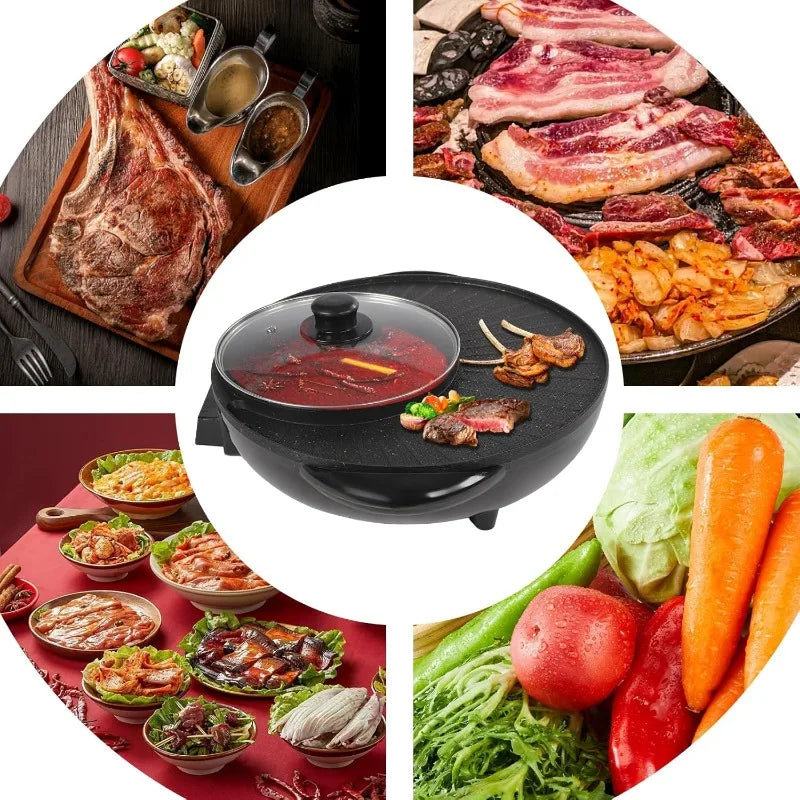 2 in 1 Electric Hot Pot and Grill, Shabu Pot with Divider,Portable Smokeless Grill, Circular Hotpot with Lid, for 3-5 People