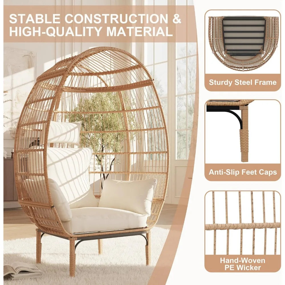 500 Pounds Capacity Oversized Wicker Egg Chair All Weather Rattan Egg Lounge Chairs for Patio Backyard Living Room Outdoor Use