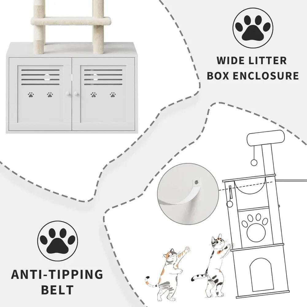 Tall Cat Tree with Litter BoxEnclosure 2-in-1 Modern Large Cat Tower for Indoor Cats with Double Condos/Scratching Posts/Hammock