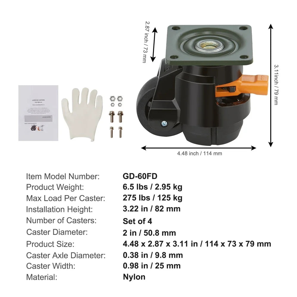 Adjustable Leveling Casters Set of 4 Heavy Duty 360 Degree Swivel Wheels Tables Furniture Carts Up to 1100 lbs