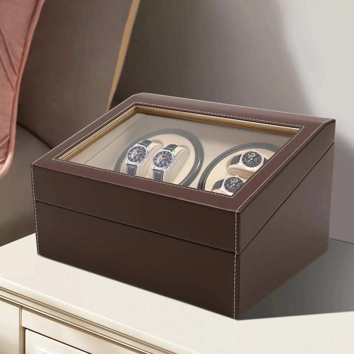 Automatic 4+6 Rotation Watch Winder Storage Box, Leather Wood Display Case