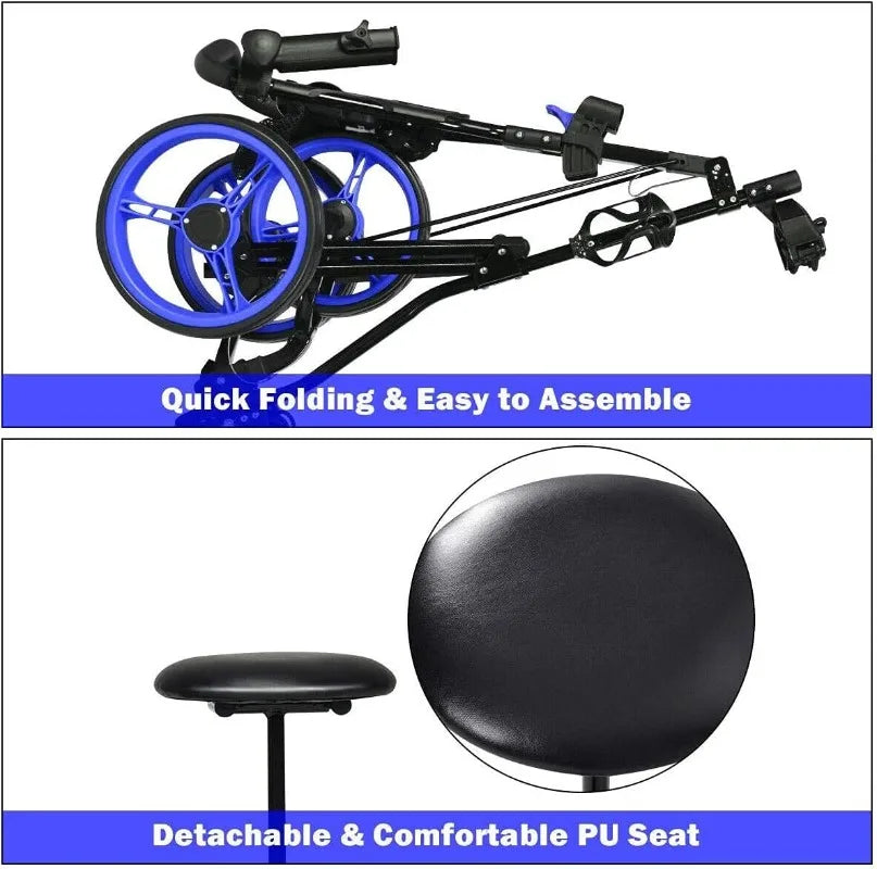 GRAFFY Golf Push Cart with Seat, 3 Wheel Golf Pull Cart with Height-Adjustable Handle, Lightweight Folding Golf Trolley