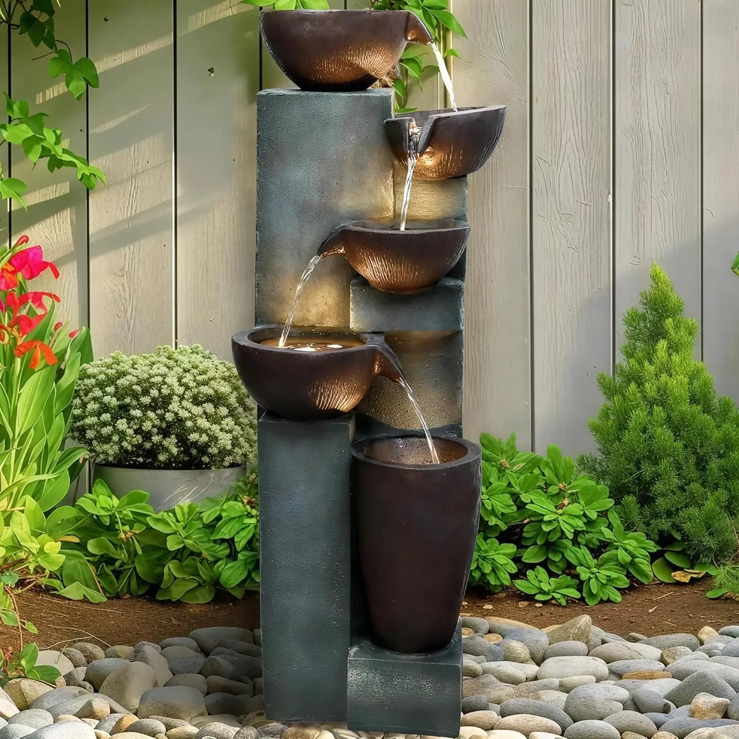 Modern Outdoor Fountain - 4 Crocks Outdoor Garden Fountains with Contemporary Design&LED Light for Garden,Patio, Deck, Porch