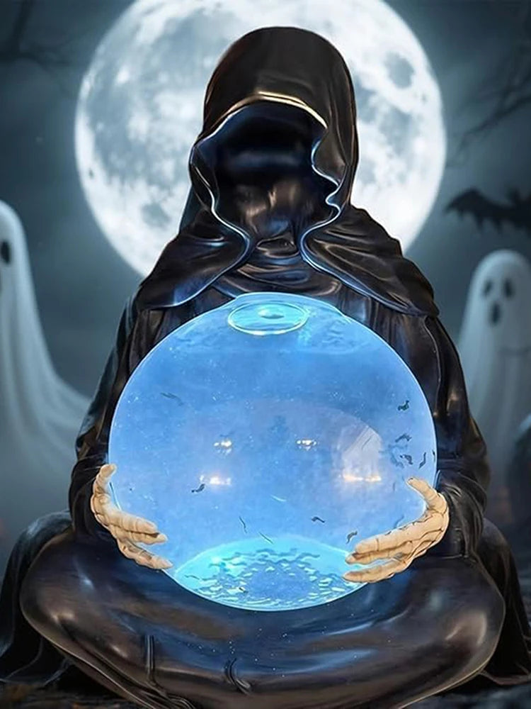 Grim Reaper Statue Crystals Balls Reaper Sitting Statue Floating Bat Crystal Ball Resin Death Robe Sculpture for Halloween Decor
