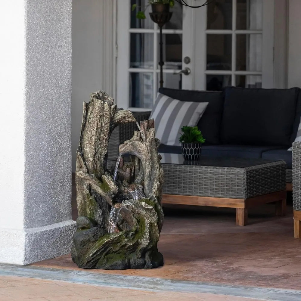 WIN786 4 Tier Rainforest Tree Trunk Waterfall Fountain with LED Lights Outdoor Garden, Patio, Yard and Porch Decor, 40"H