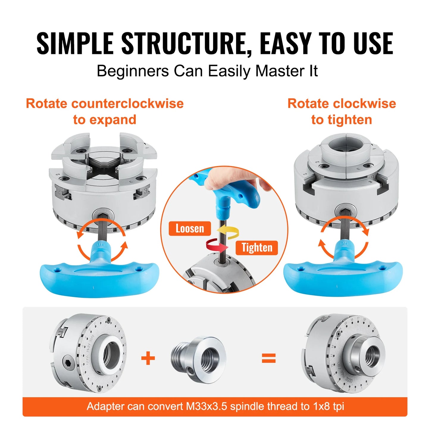 SucceBuy KP965 Metal Lathe Chuck 4Jaw 3.75" Diameter with 5 Sets of Jaws Self-centering Tool Accessories for Precision Machining