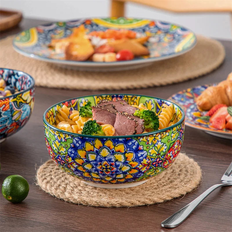 12Pcs Bohemian Style Ceramic Dinnerware Set Plates and Bowls For 4 Dinner Tray Dessert Plate/Cereal/Pasta Bowl Kitchen Tableware