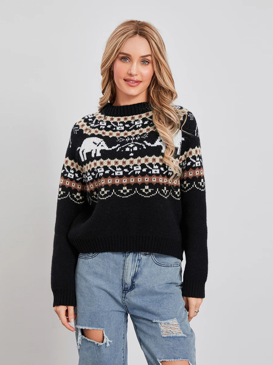 Women Knit Sweater Long Sleeve Crew Neck Elephant Pullover Warm Sweater for Fall Winter