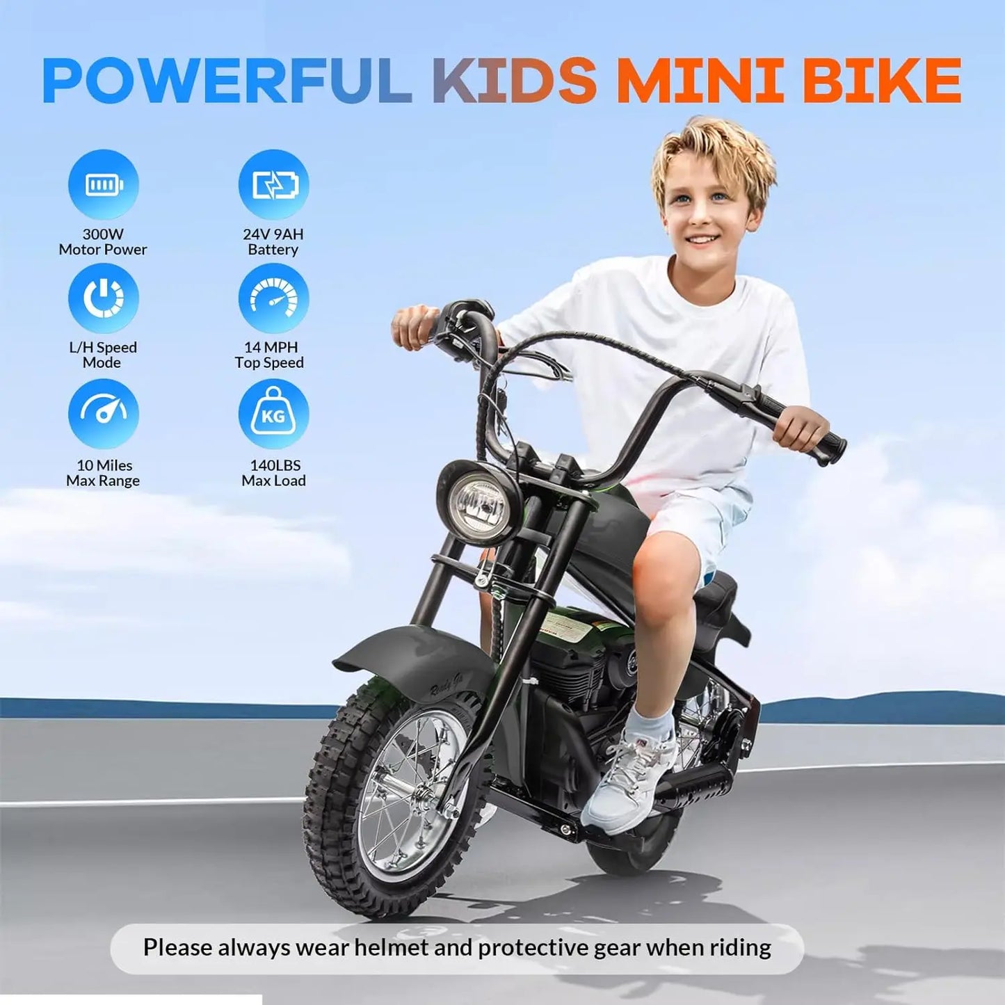 Electric Motorcycle for Kids, 24V 250W Kids Electric Dirt Bike, Two Speed Max Up to 14MPH & 60 Minutes Continuous, w/LED Light,