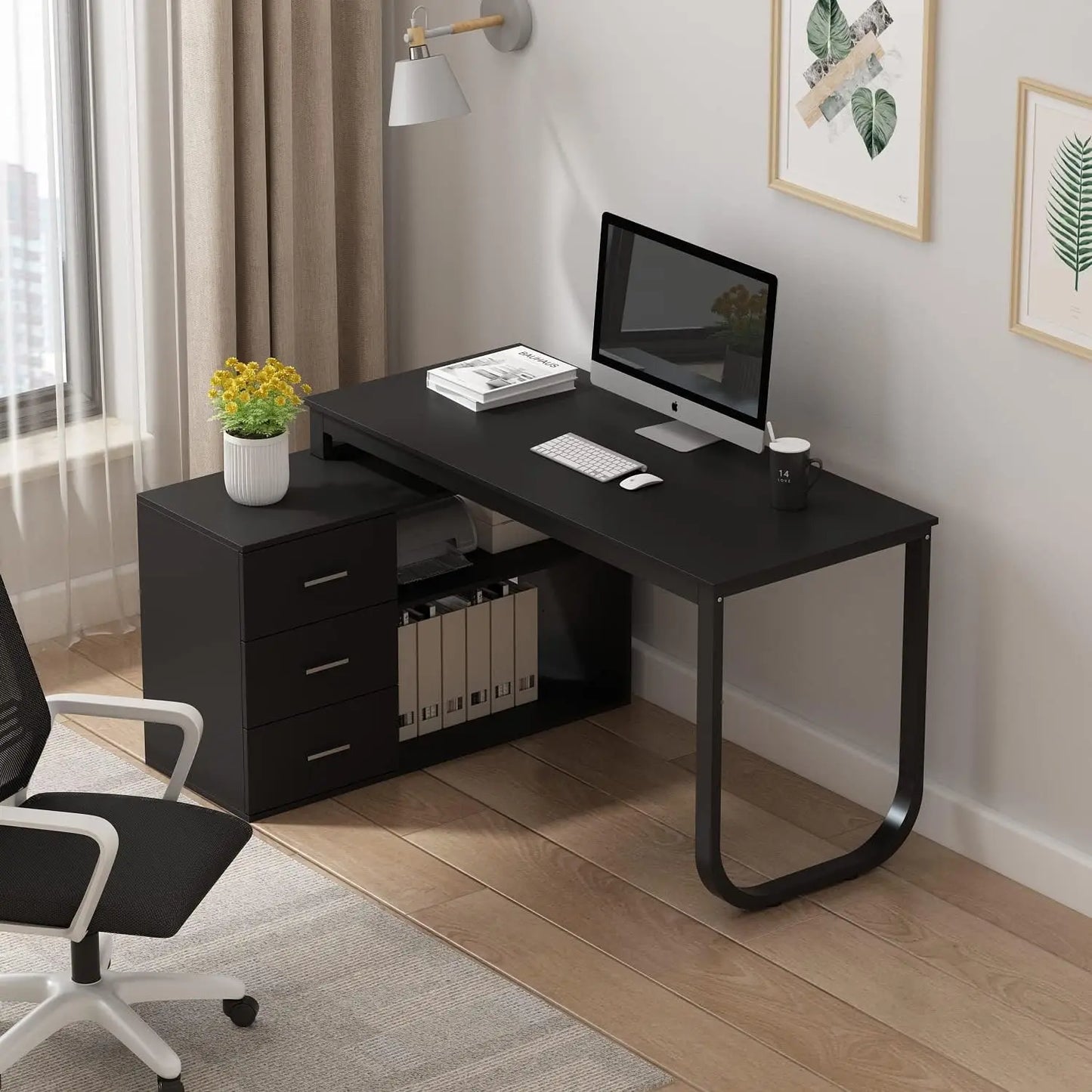 Home Office Computer Desk Corner Desk with 3 Drawers and 2 Shelves, 55 Inch Large L-Shaped Study Writing Table with Storage