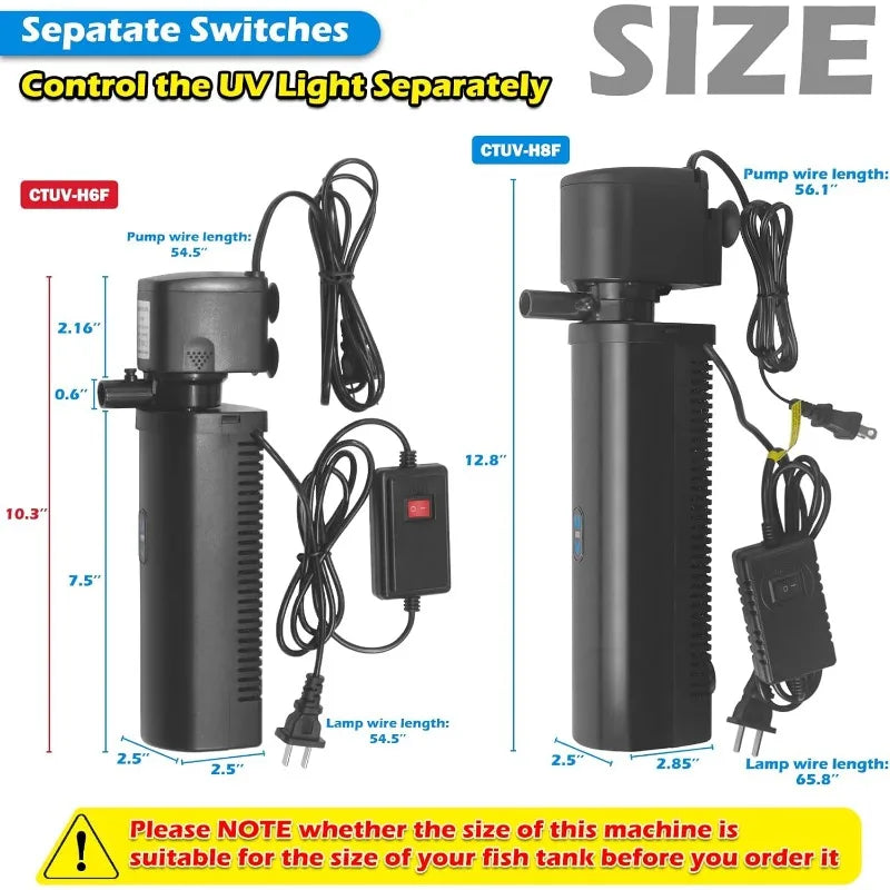Aquarium Filter U-V for 20-75 Gallon, 200GPH Fish Tank Filter w/ 5W U-V Light Green Clean Machine Submersible Powerful