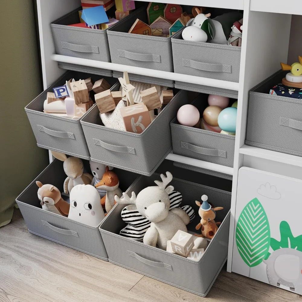 Toy Storage Organizer, Toddler Wooden Kid Bookshelf with 10 Fabric Bins and Movable Toy Chest, 4-Tier Toy Storage Cabinet for Pl