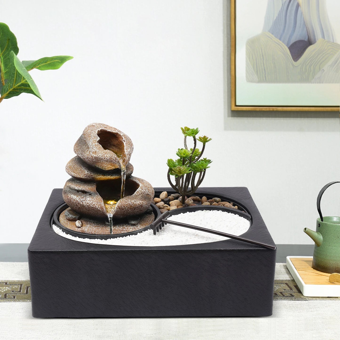 Tabletop Rock Water Fountain W/ LED Light,Indoor Waterfall Decor for Desk,Relaxing Zen Fountain,Decorative Stone Water Feature