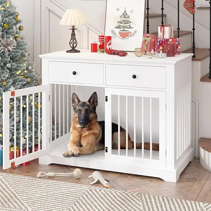 Dog Crate Furniture, 44 Inch Wooden Dog Kennel Indoor with 2 Storage Drawers, Heavy Duty Large Dog Crate Furniture