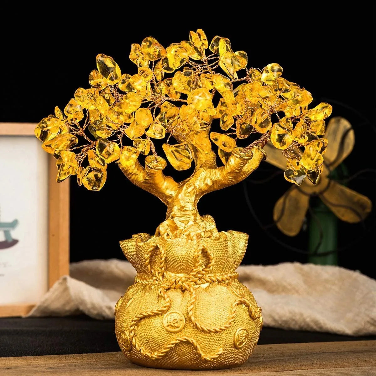 Crystal Money Bag Tree Figurine Yellow Lucky Wealth Tree Lemon Quartz Home Room Decoration Feng Shui Ornaments