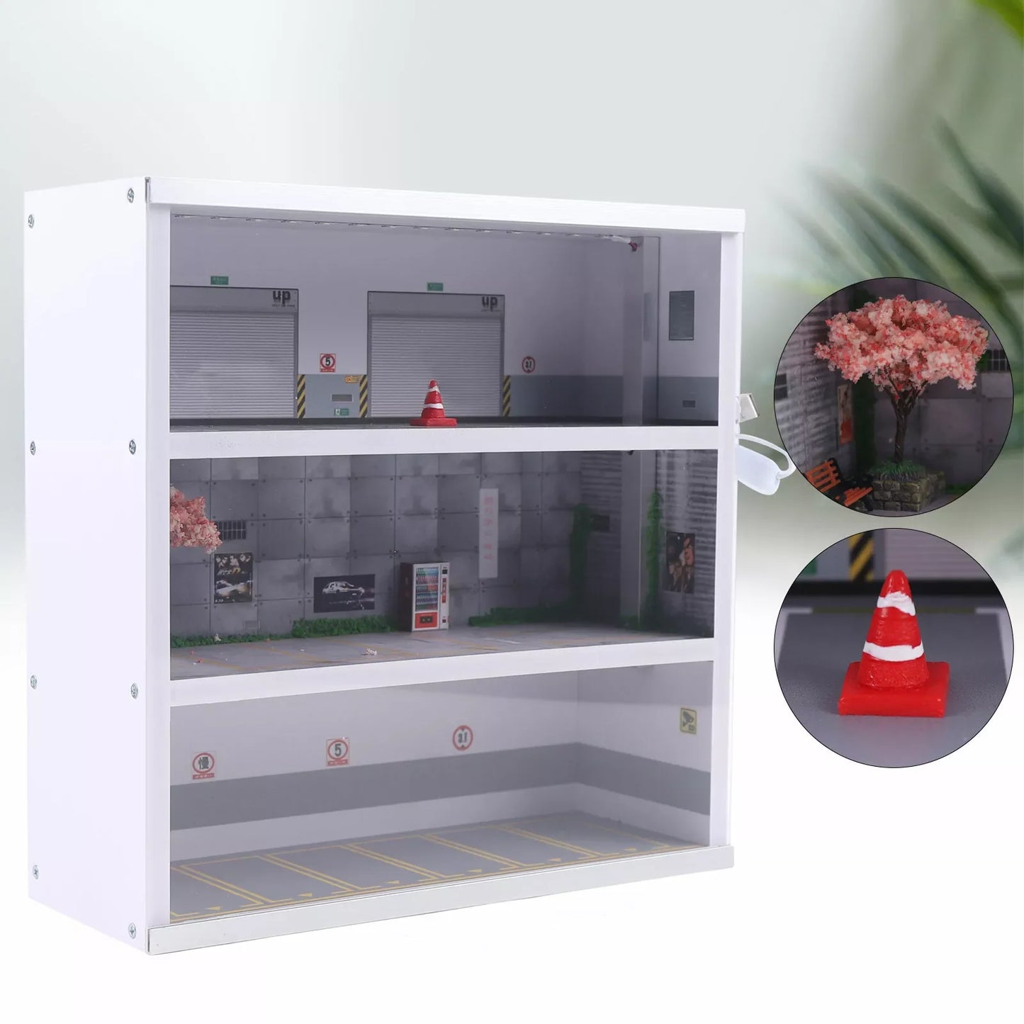 1:64 Scale Diorama Parking Lot Display Scene Model, with LED Light, 3 Tiers, 16 Spaces, Modern White, Home Decor & Storage