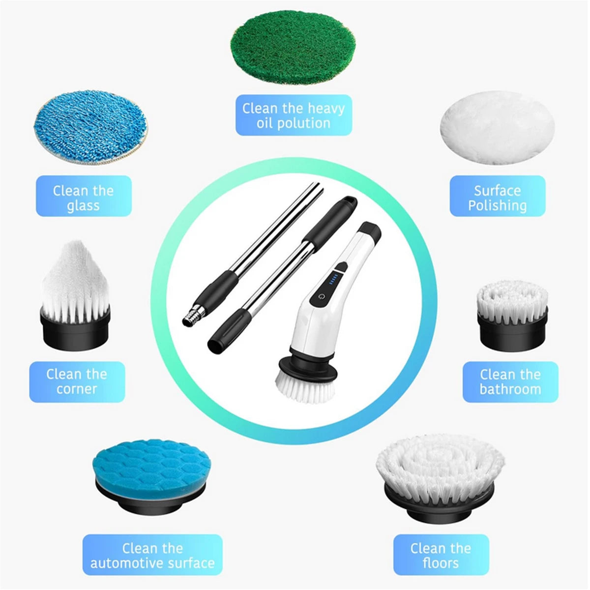 Electric Spin Scrubber, Electric Bathroom Cleaning Brush, LHPY Upgraded Version with 7 Replacement Brush Heads and Extension Han