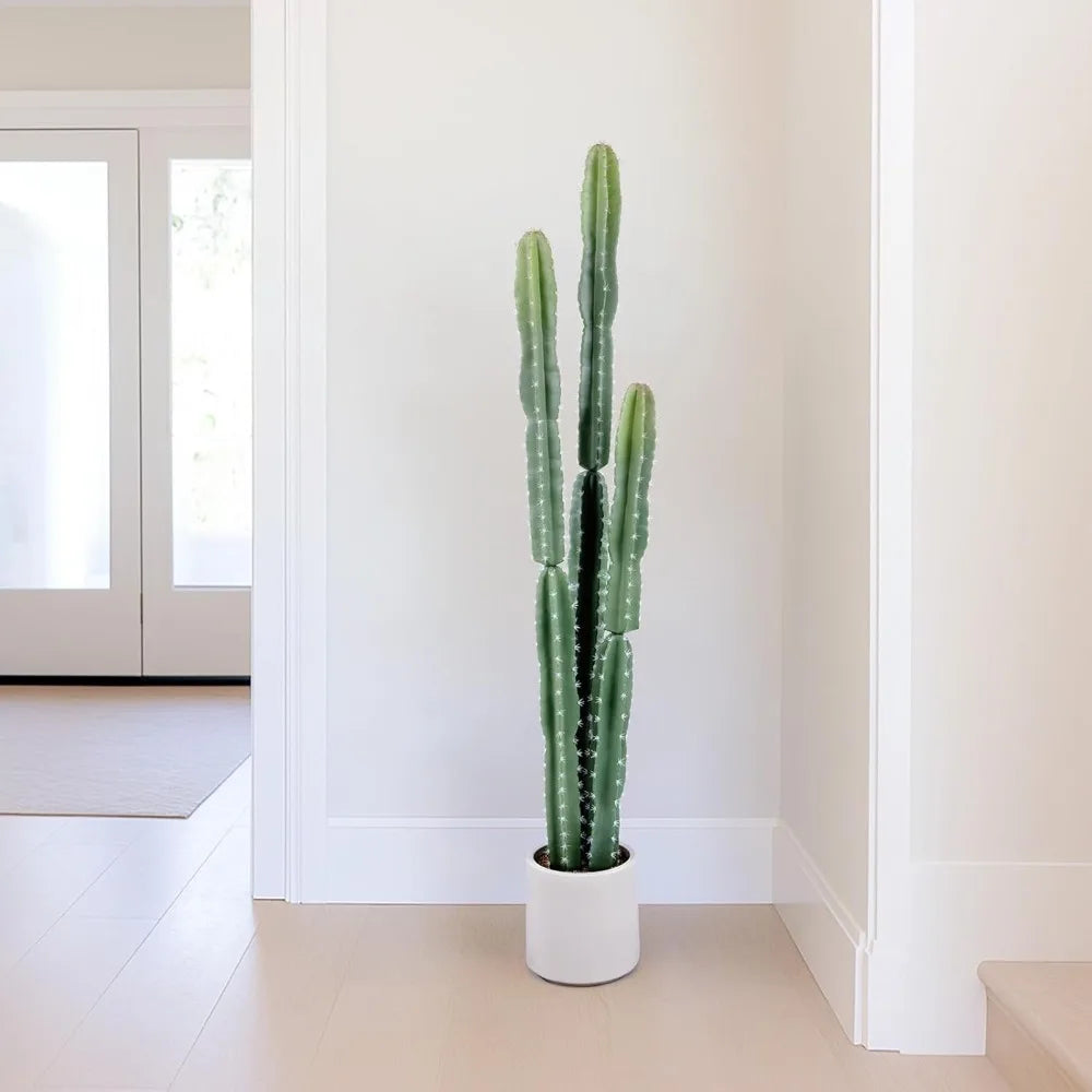 UV Resistant 5ft Large Artificial Cactus with White Decorative Planter, 60in Realistic Faux Cacti Indoor, Lifelike Fake Cactus P