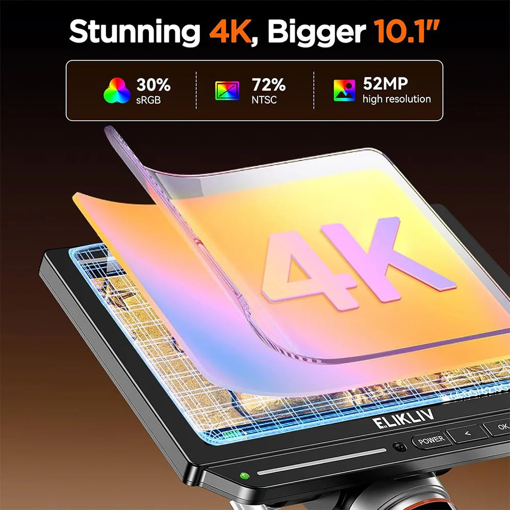 Elikliv EM4K-AF Flex 10.1'' Autofocus Digital Microscope 2000X with Arm HDMI 4K Soldering Microscopio for Electronics jewelry