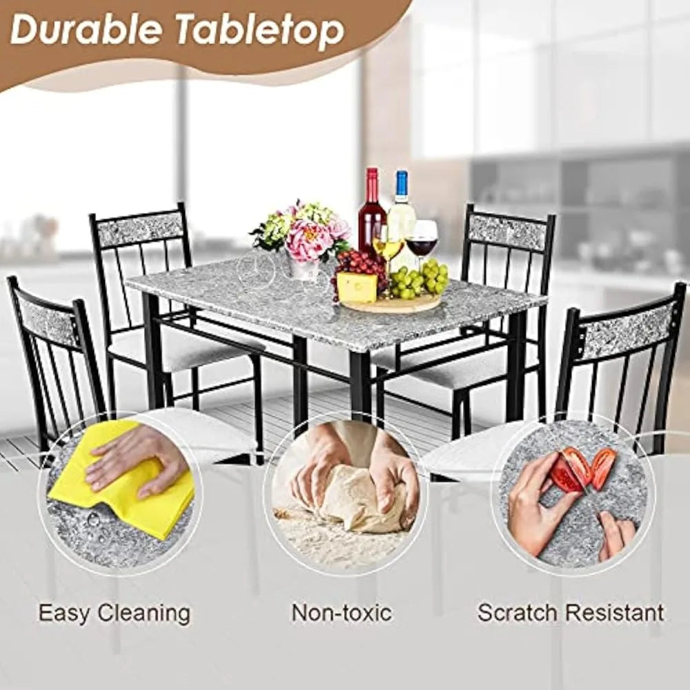 Kitchen Dining Set, Marble Dining Table Set with Sponge Cushion and Metal Structure, Modern Kitchen Table Set for Apartment