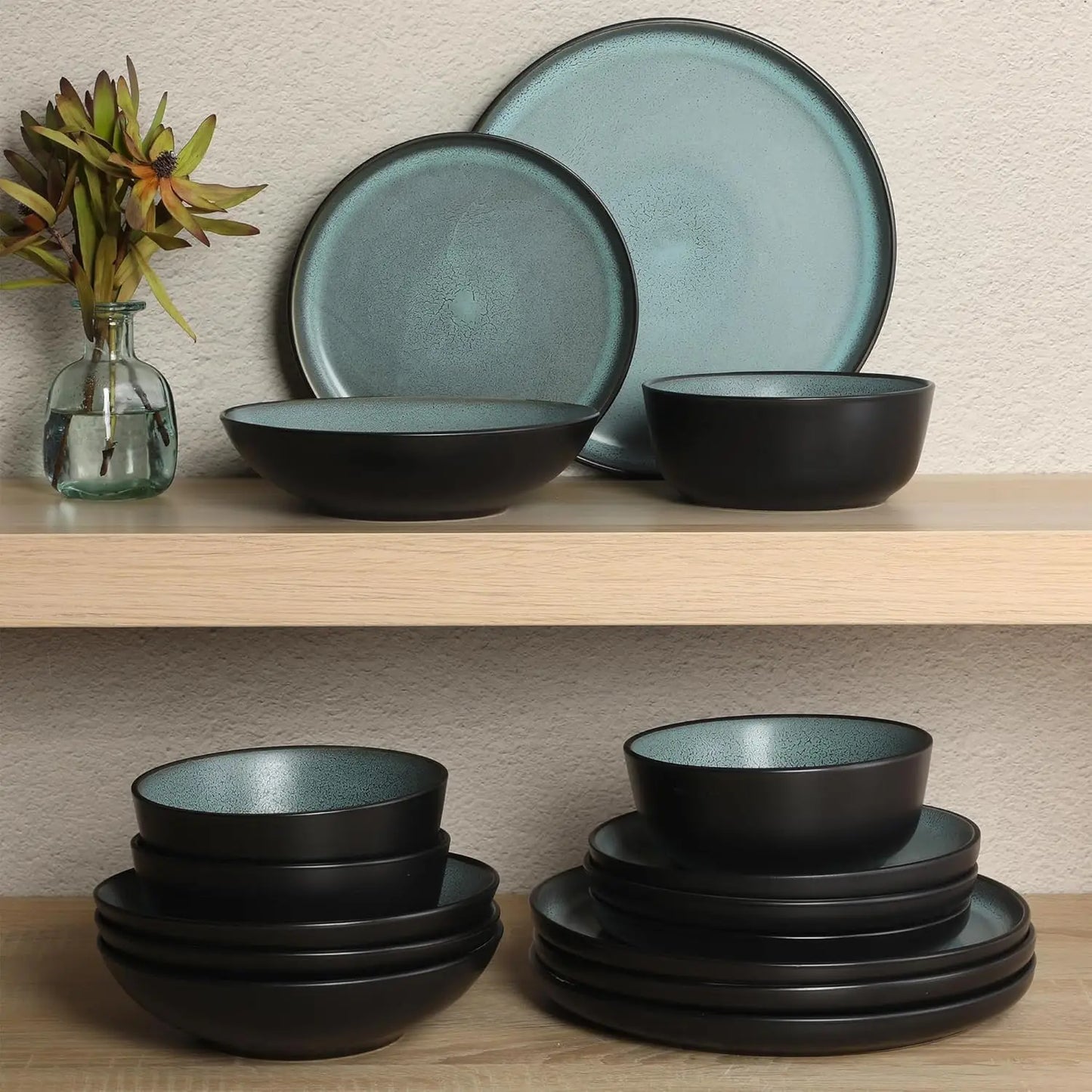 Tribeca Loft 16-Piece Dinnerware Set - Matte Black and Green Reactive Glaze Stoneware, Double Bowl Round Plates and Bowls - Mode
