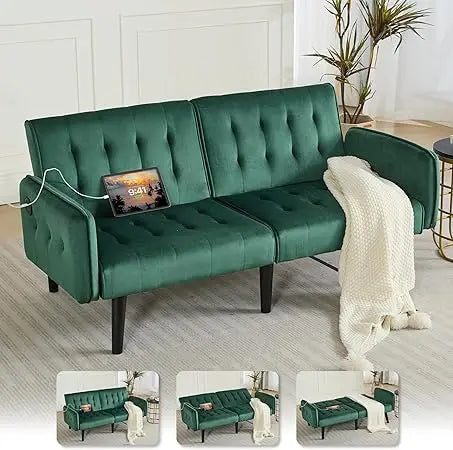 Modern Faux Leather Upholstered Convertible USB Folding Futon Sofa Bed, 65" Couch, Love Seats Furniture for Small Space Configu
