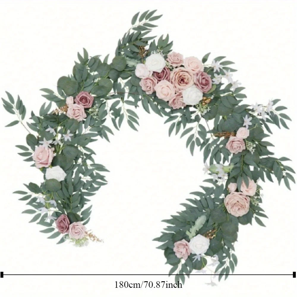 5.9ft Eucalyptus Willow Leaf Garland with Flower, Handcrafted Wedding Sweetheart Table Centerpieces Arch Backdrop Decorations