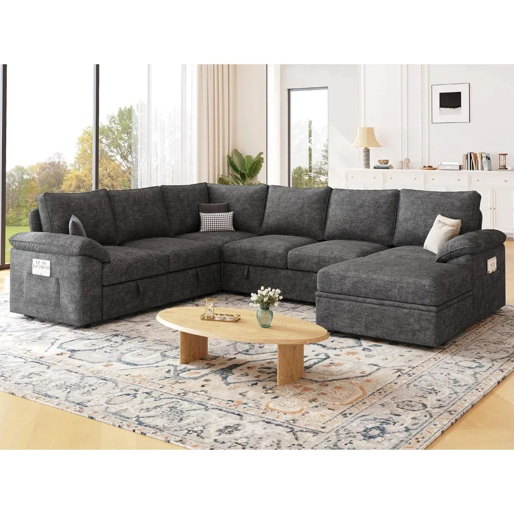 108 Inch Sectional Sleeper Sofa with Pull Out Bed, U Shaped 7 Seat Modular Sectional Sofa with Storage, Sectional Couches for Li