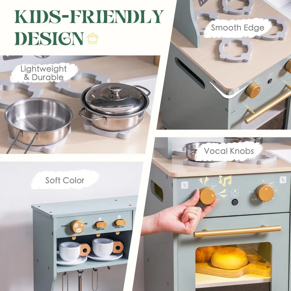 Robotime Robud Play Kitchen Preschool Wooden Kitchen Pretend Set Bean Green Kitchen Gift for Girls Boys Age 3+