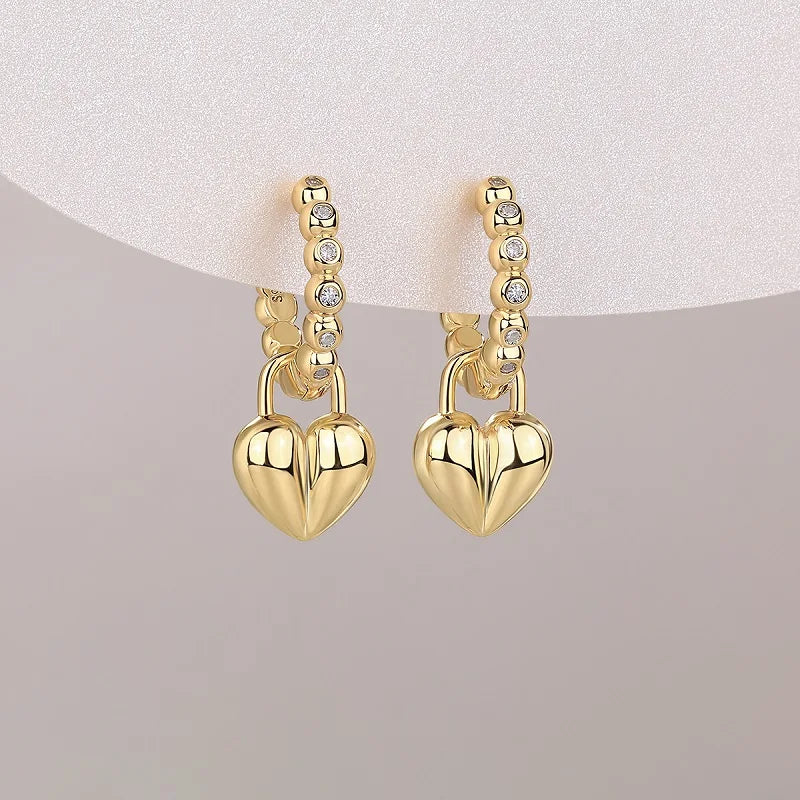 JIUZUAN 18K Gold Plated Heart Drop Earrings, 925 Silver with Moissanite, Beaded Hoop Design - Romantic Gift Jewelry for Women