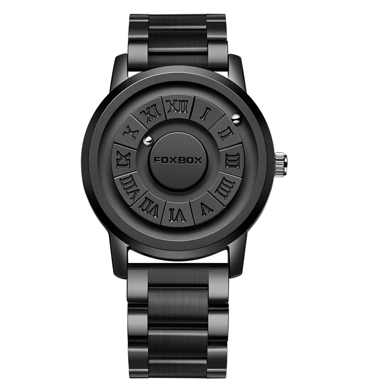 FOXBOX Men's Quartz Watch Fashion Personality Creative Scrolling Iron Ball Magnetic Pointer Waterproof for Male Watches Gift+Box