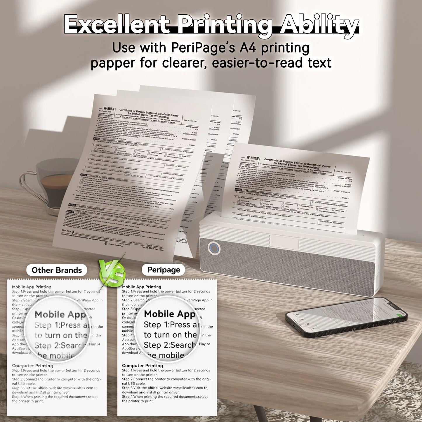 PeriPage P81 Portable Thermal Printer Wireless Travel - Mobile Compact Printer Support 8.5 X 11 US Letter & A4 Thermal Paper