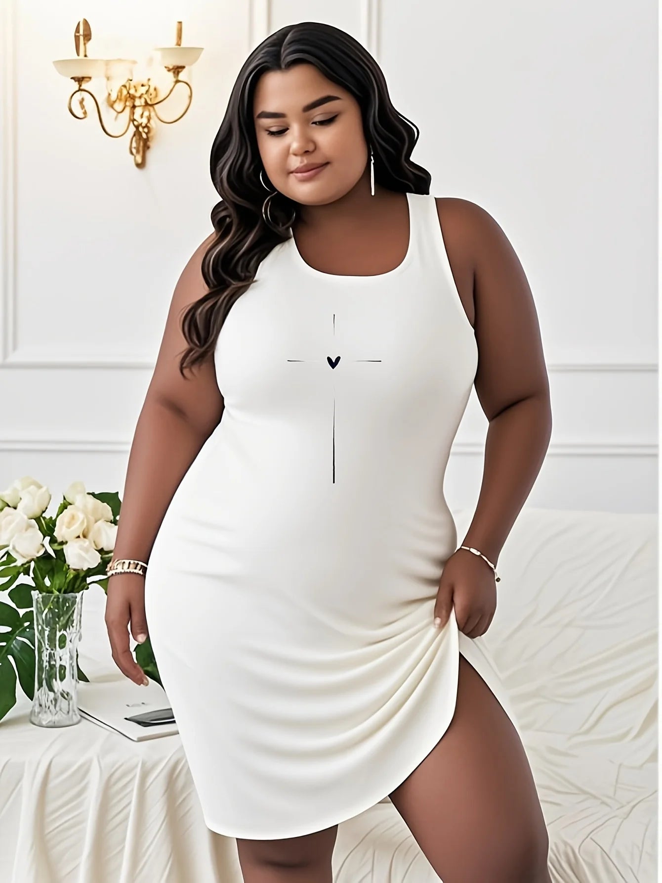Lady Summer plus size White Dress With Simple Design printed t shirt dress White Dress With Simple Design