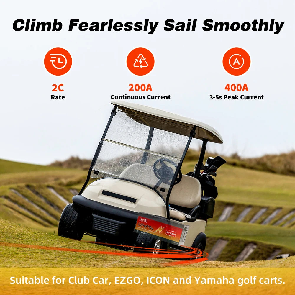 MOSEWORTH 48V 100Ah LiFepo4 Battery Built in 200A BMS 10000+ Cycles Rechargeable for Golf Carts Boat Trolling Motor Lawn Mower