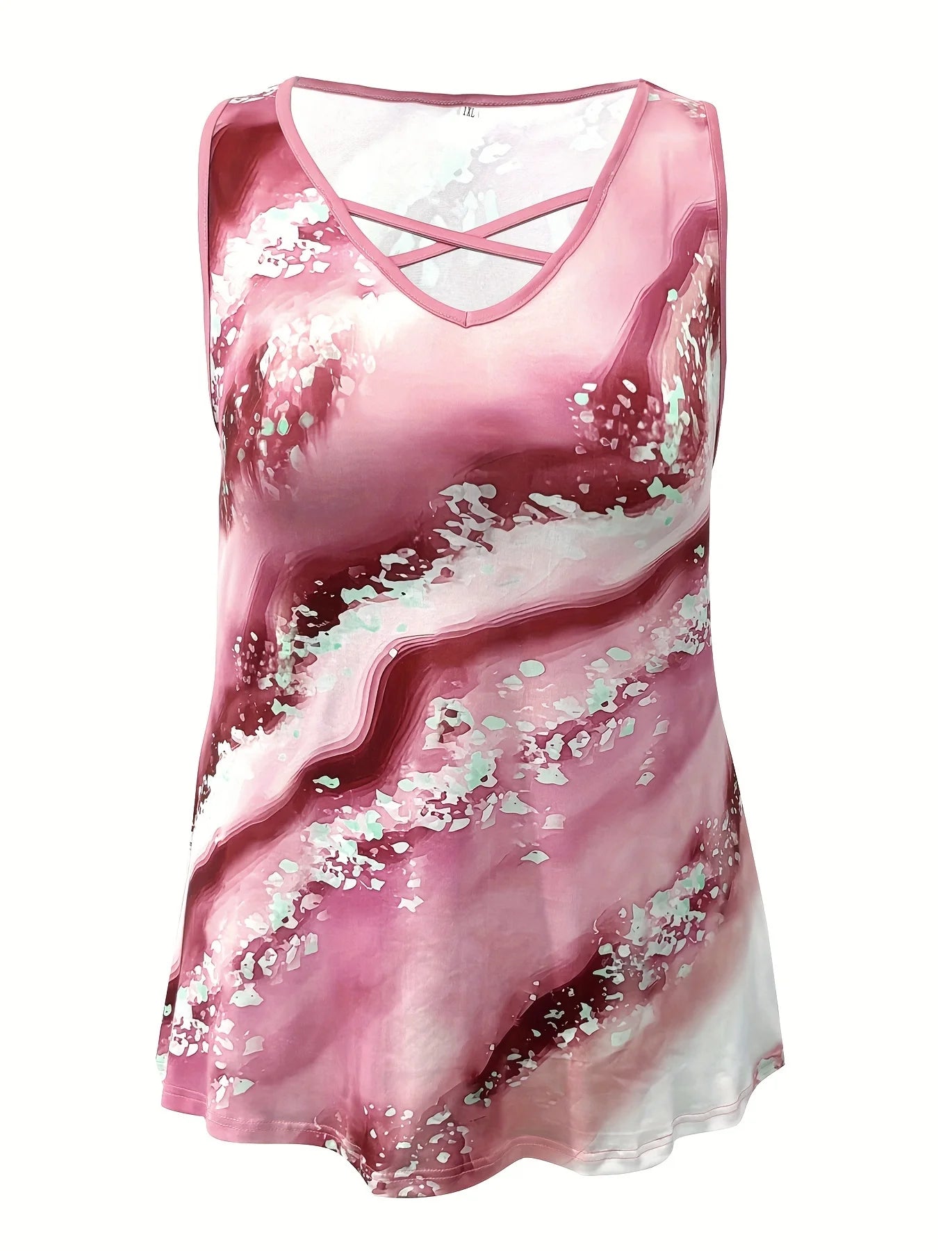 Plus Size Marble Print Tank Top Casual Criss Cross Sleeveless V Neck Top For Summer & Spring Women's Plus Size Clothing