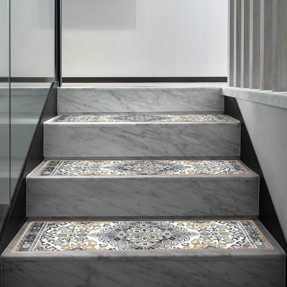 15Pcs Soft Stair Stepping Mat 21x76cm Self-Adhesive Non-slip Bohemian Indoor Stair Carpet Mat Protector Rug for Pet Kids Elder